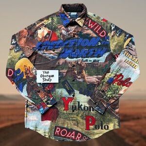 CLASSIC FIT AMERICAN WEST EXPEDITION PRINT BUTTON UP WORKSHIRT FLANNEL RED BLUE